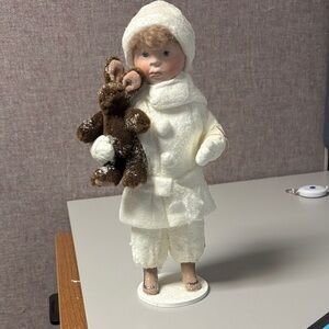 Cozy Winter Child Figurine with Teddy Bear